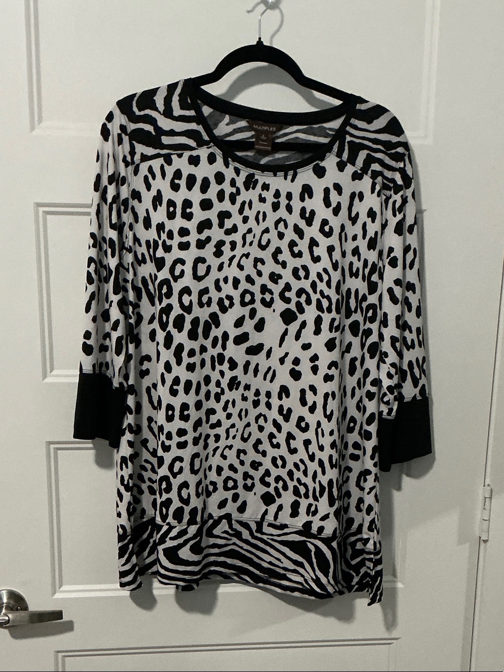 Multiples Black & White Animal-Print Scoop Neck Long Sleeve Top